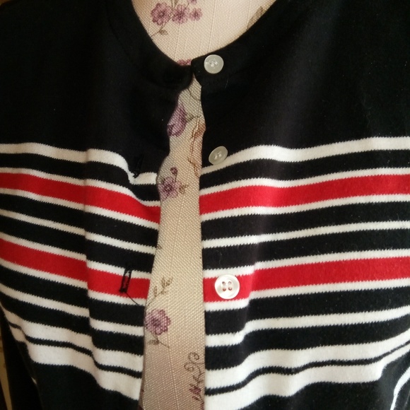 Briercreek S Black White Red Cotton Blend Striped Button Down Top - Picture 2 of 3
